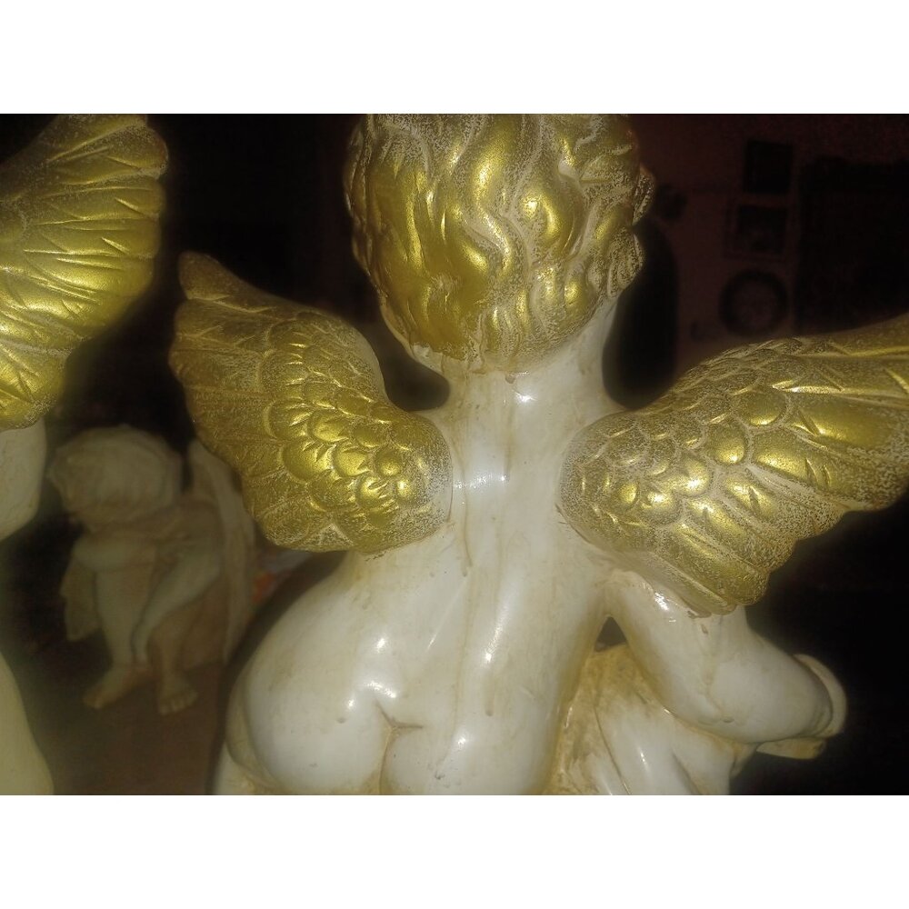 Ceramic Angels Pair White Glazed Antiqued Gold Wings - Picture 9 of 11